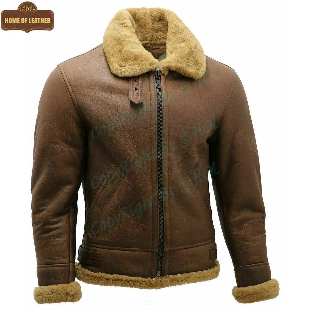 B002 RAF B3 Brown Shearling Fur Coat WWII Army Bomber Winter Ruff Buff Real Leather Jacket For Men