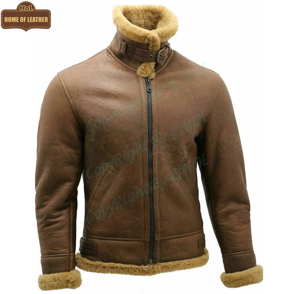 B002 RAF B3 Brown Shearling Fur Coat WWII Army Bomber Winter Ruff Buff Real Leather Jacket For Men
