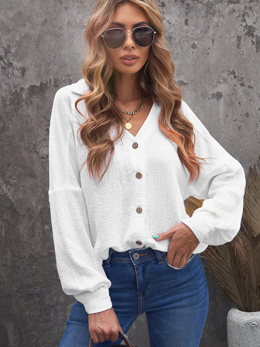 Button-Down Balloon Sleeve Shirt