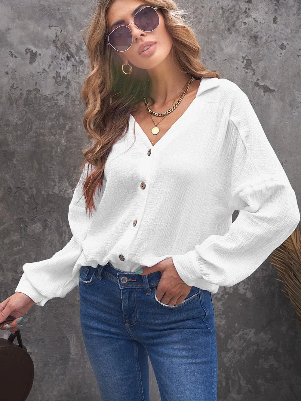 Button-Down Balloon Sleeve Shirt