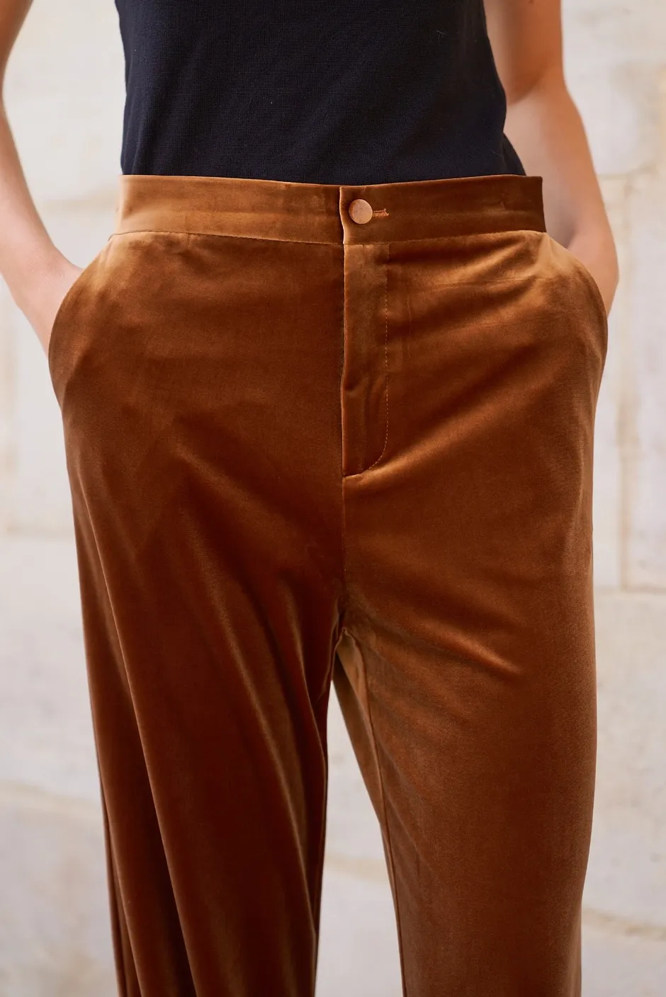 Camel Straight Cut High Waist Velvet Pants