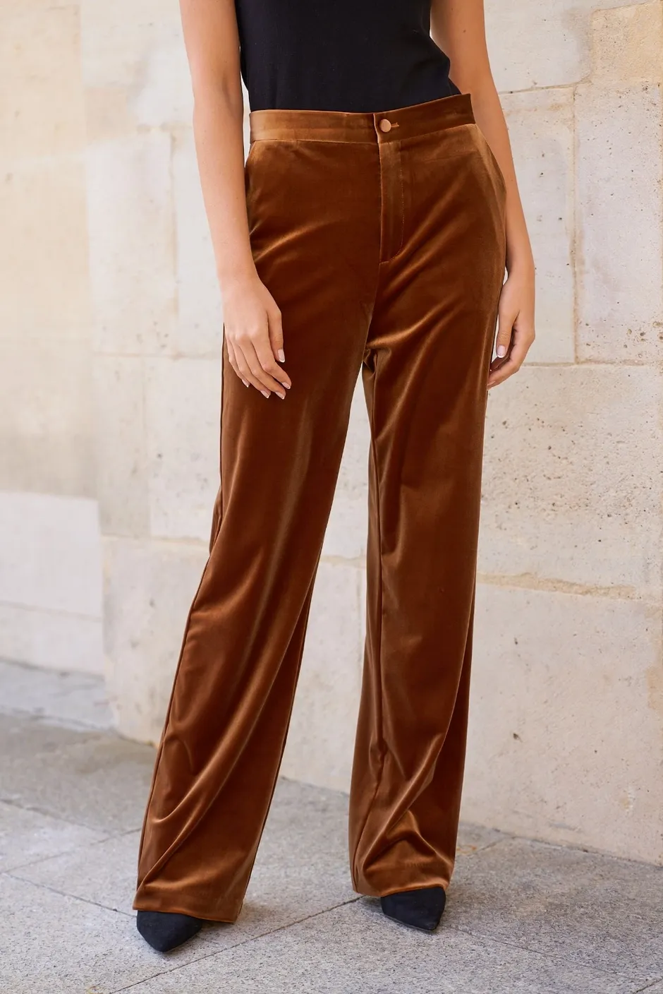 Camel Straight Cut High Waist Velvet Pants