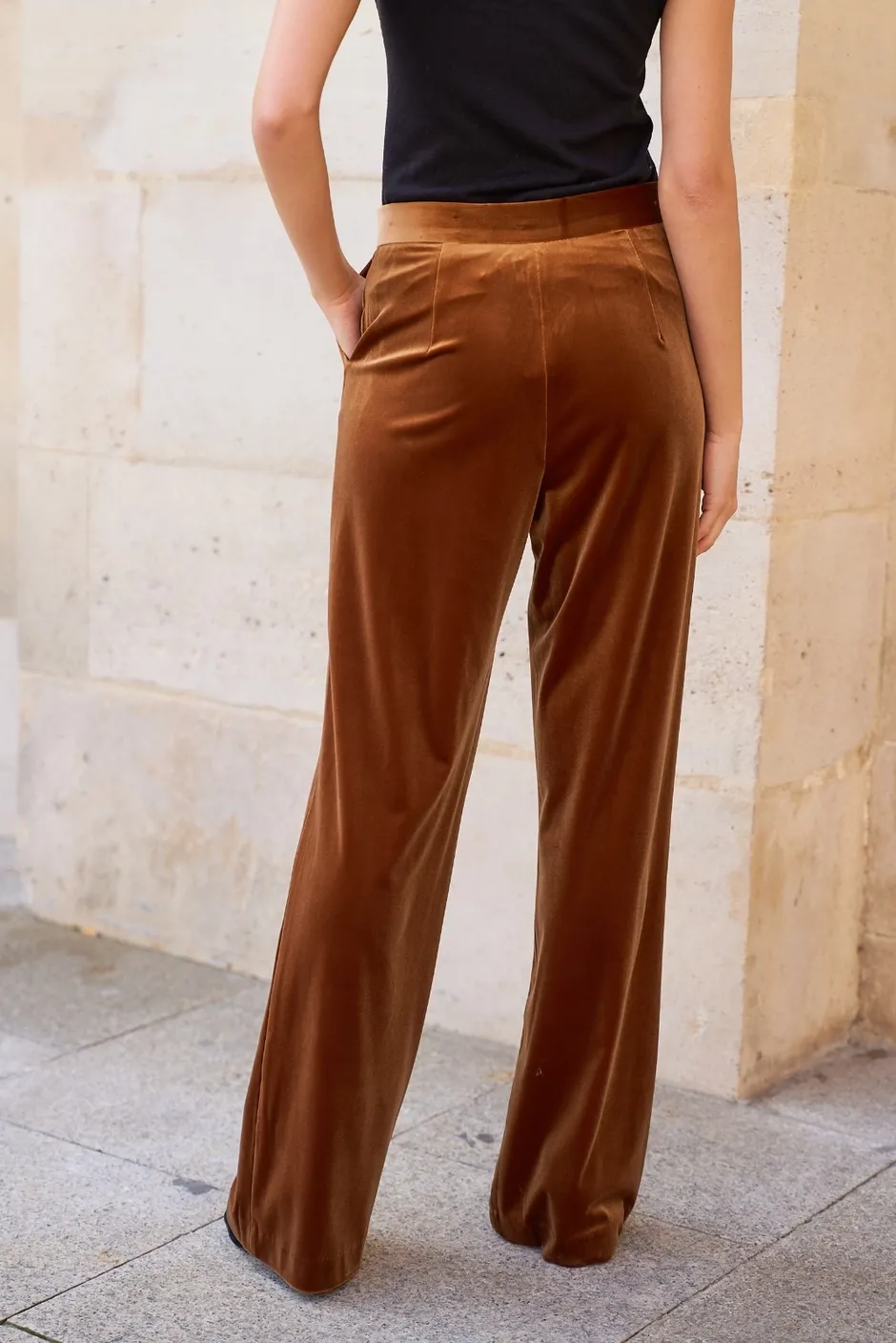 Camel Straight Cut High Waist Velvet Pants