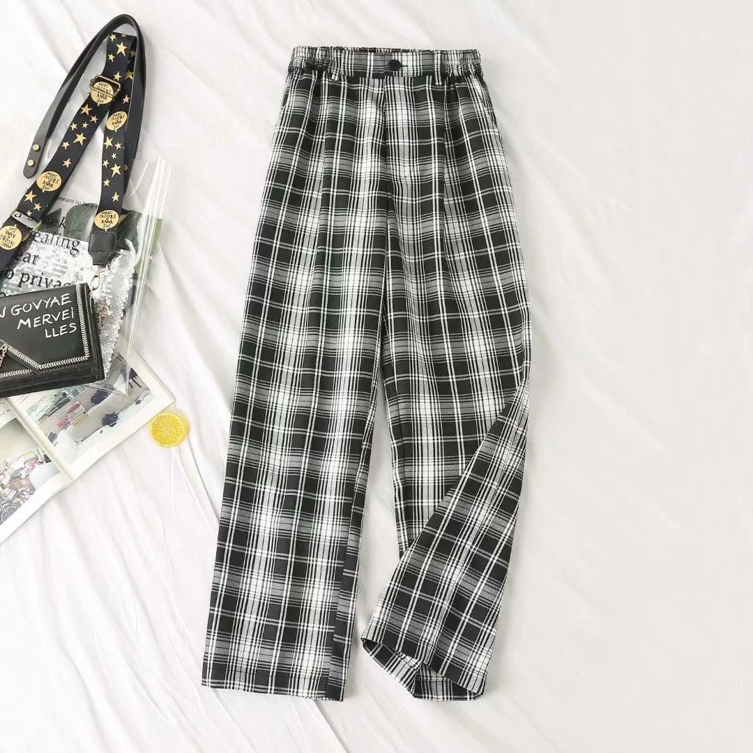 Casual Plaid High Waist Wide Leg Pants