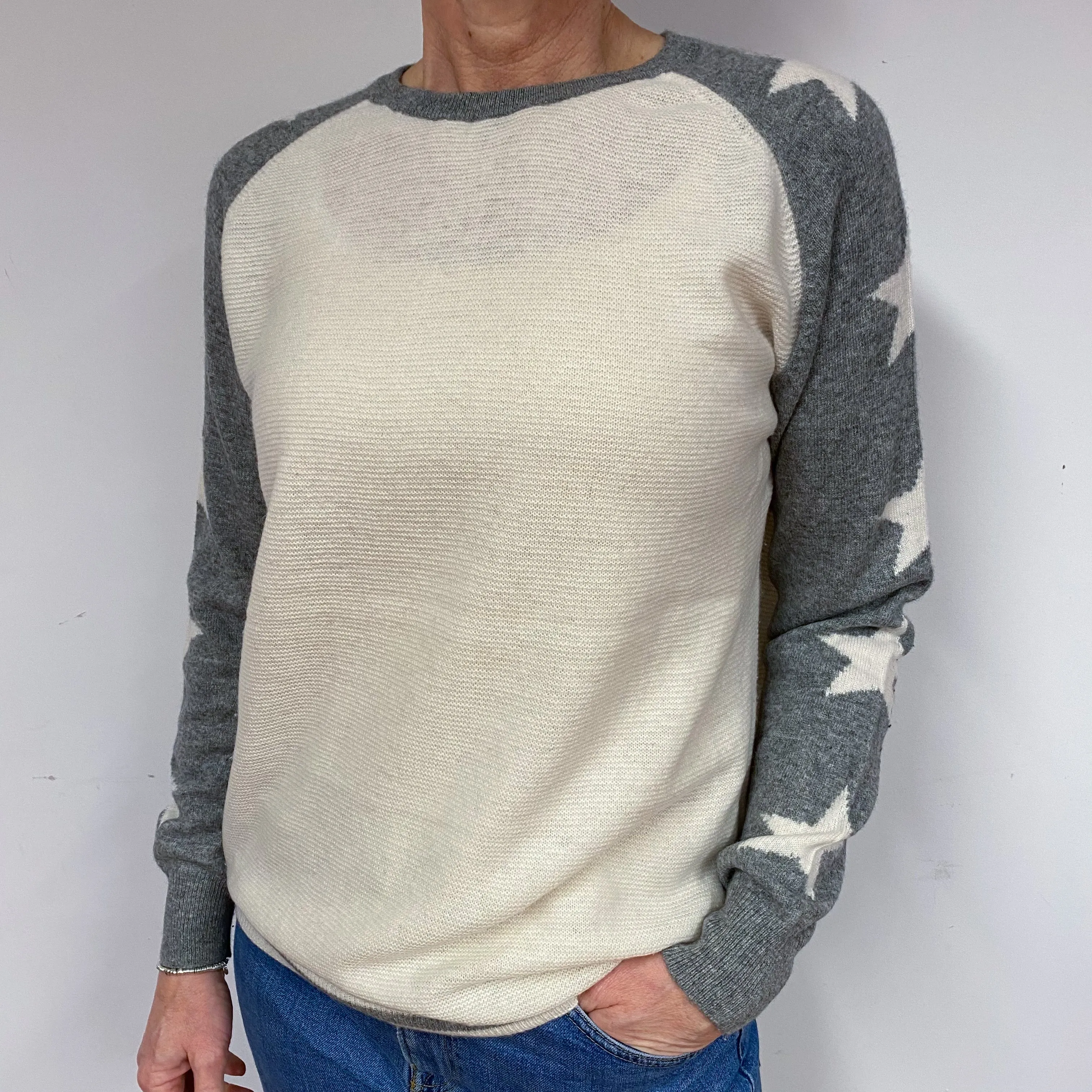 Cream Grey Slouchy Cashmere Crew Neck Jumper Medium