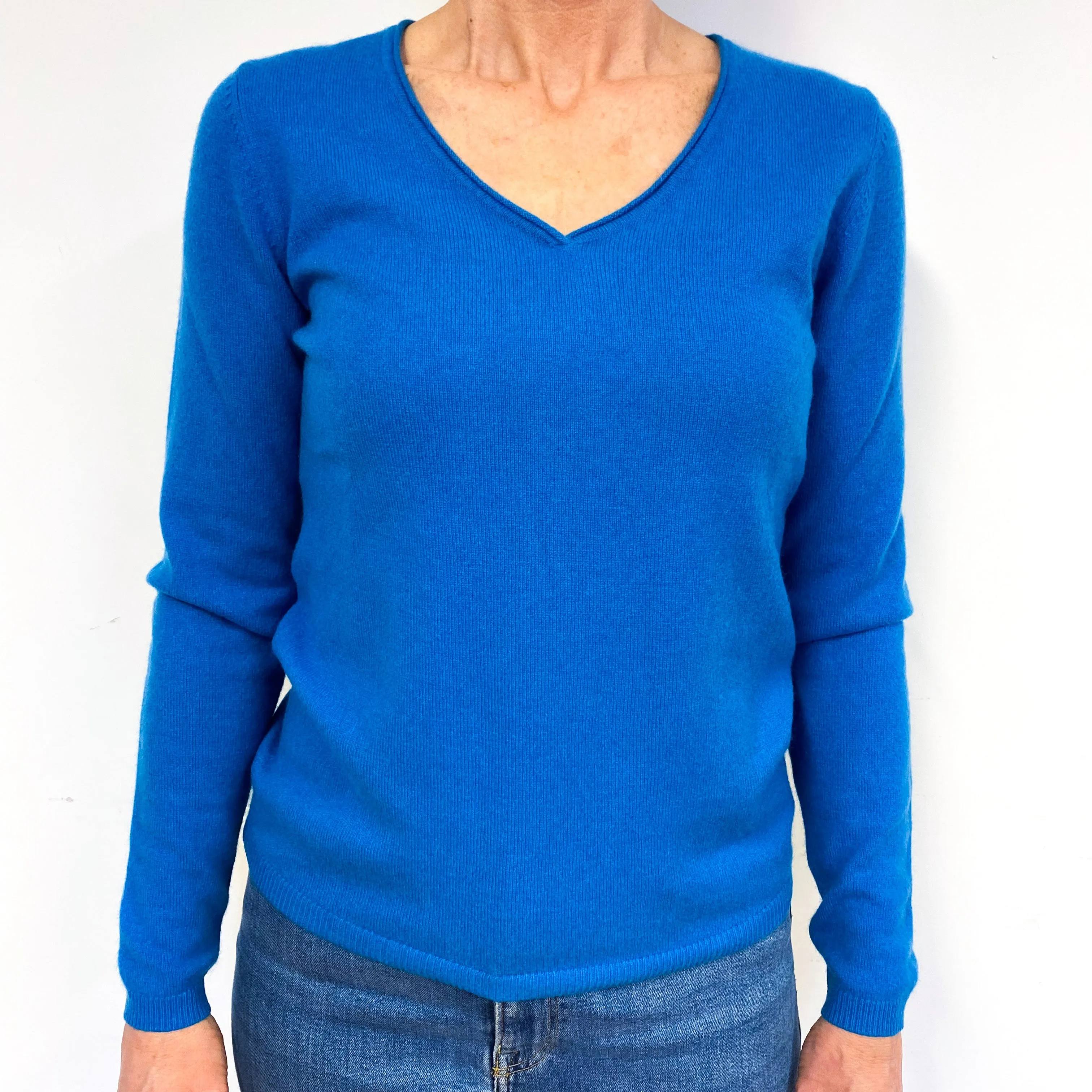 Dark Turquoise Blue Cashmere V-Neck Jumper Medium