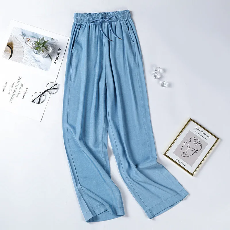 Denim Pants Summer Korean Women Plus Size Wide Leg Drape Floor Length Pants Ice Silk High Waist Pants
