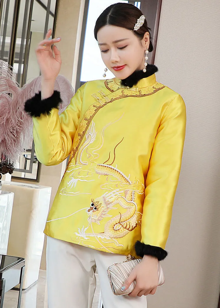Dragon Embroidery Retro Chinese Style Brocade Wadded Coat Comfort Fit