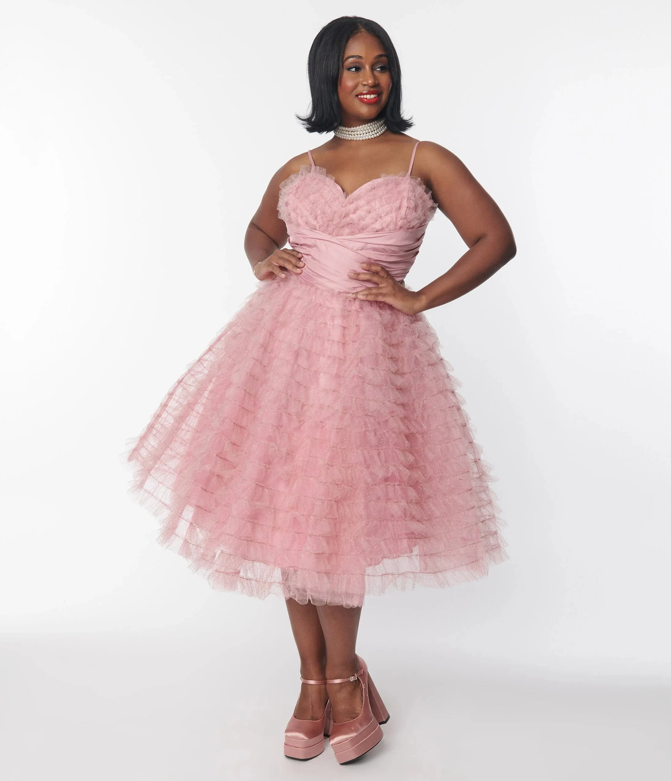Dusty Rose Glitter Tulle Cupcake Swing Dress by Unique Vintage