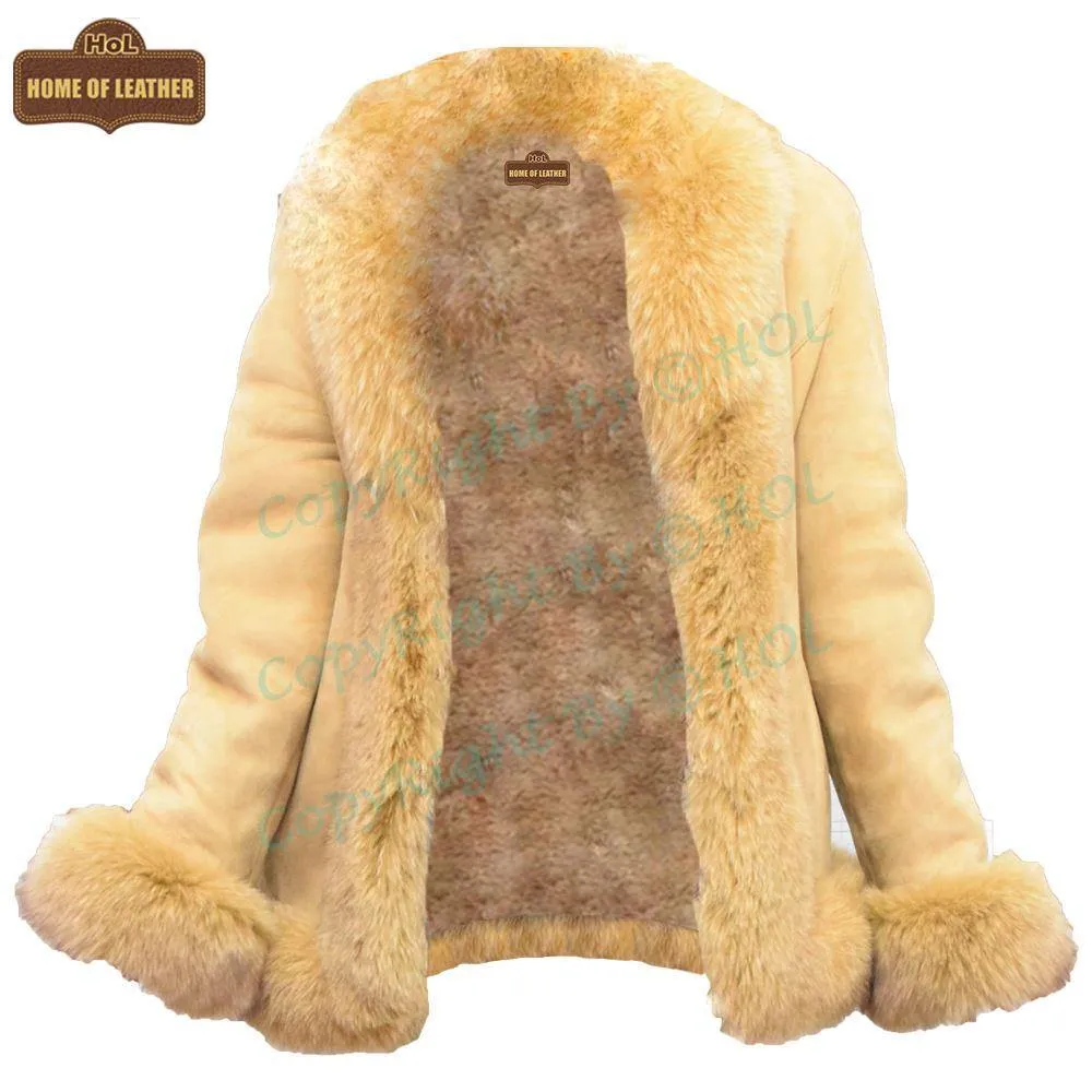 F003 HoL Women's Real Camel Brown Suede Leather Coat