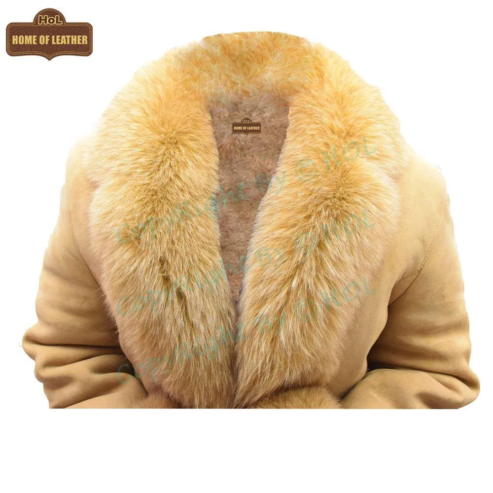 F003 HoL Women's Real Camel Brown Suede Leather Coat