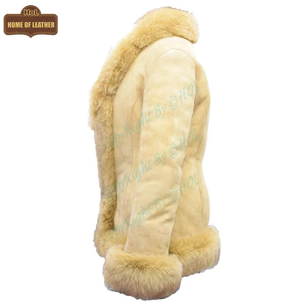F003 HoL Women's Real Camel Brown Suede Leather Coat