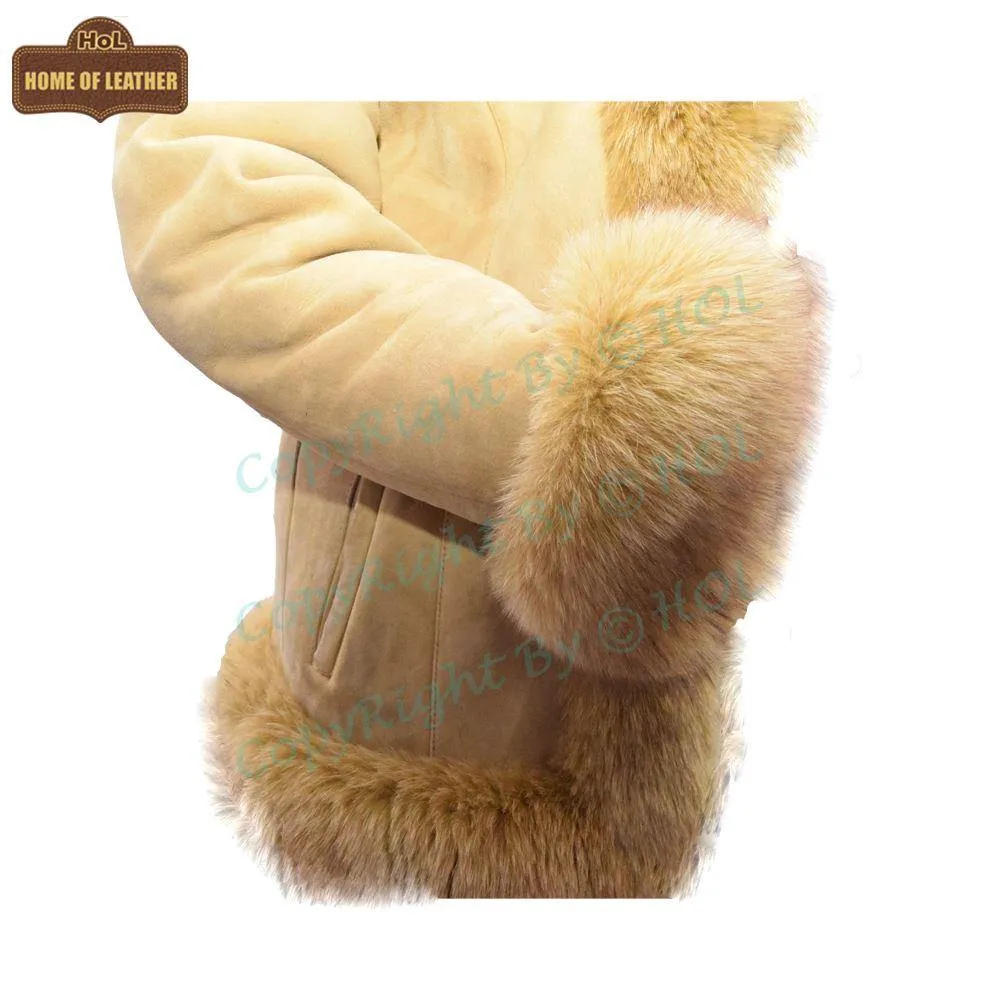 F003 HoL Women's Real Camel Brown Suede Leather Coat