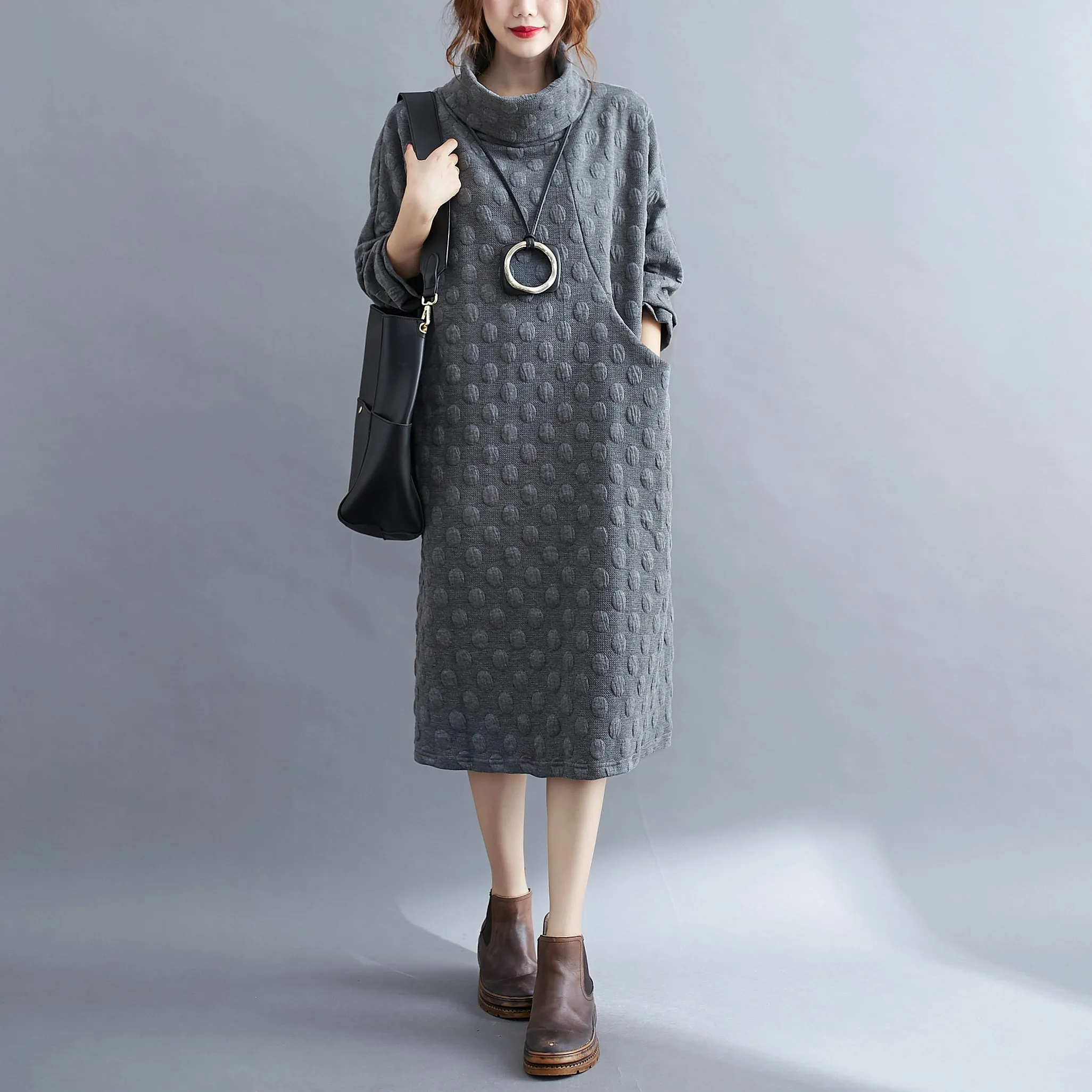High Collar  Pullover Dress With Pocket