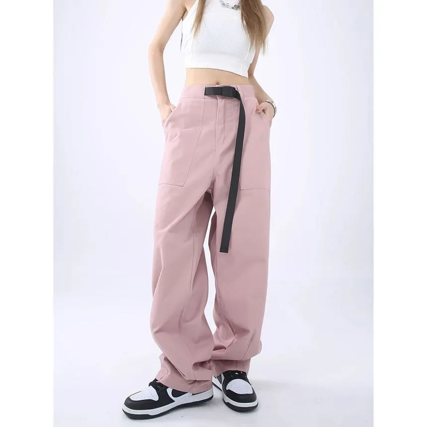 High Rise Buckle Accent Plain Straight-Fit Wide-Leg Cargo Pants