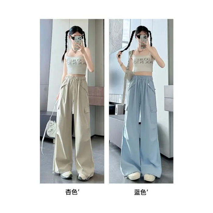 High Waist Pocketed Drawstring Wide Leg Parachute Cargo Sweatpants