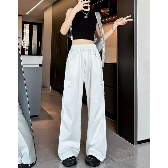 High Waist Pocketed Drawstring Wide Leg Parachute Cargo Sweatpants