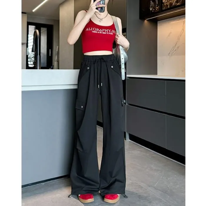 High Waist Pocketed Drawstring Wide Leg Parachute Cargo Sweatpants