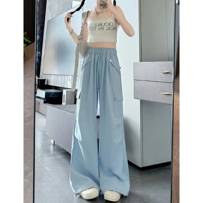 High Waist Pocketed Drawstring Wide Leg Parachute Cargo Sweatpants