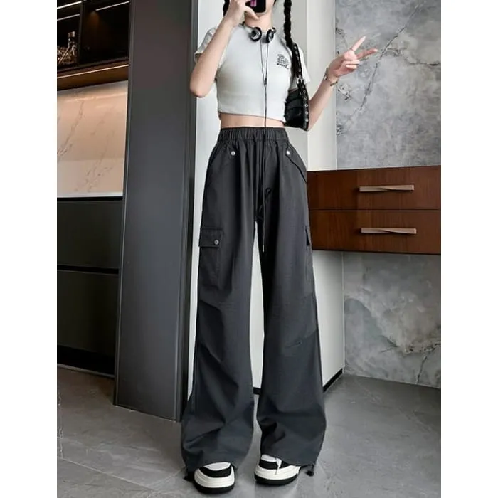 High Waist Pocketed Drawstring Wide Leg Parachute Cargo Sweatpants