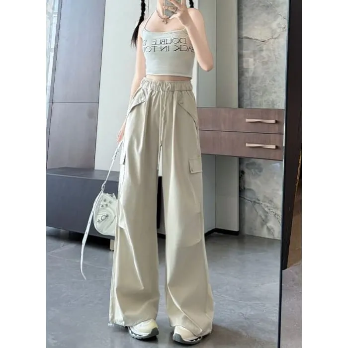 High Waist Pocketed Drawstring Wide Leg Parachute Cargo Sweatpants