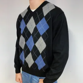Men's Black Blue Argyle Cashmere V-Neck Jumper Extra Large