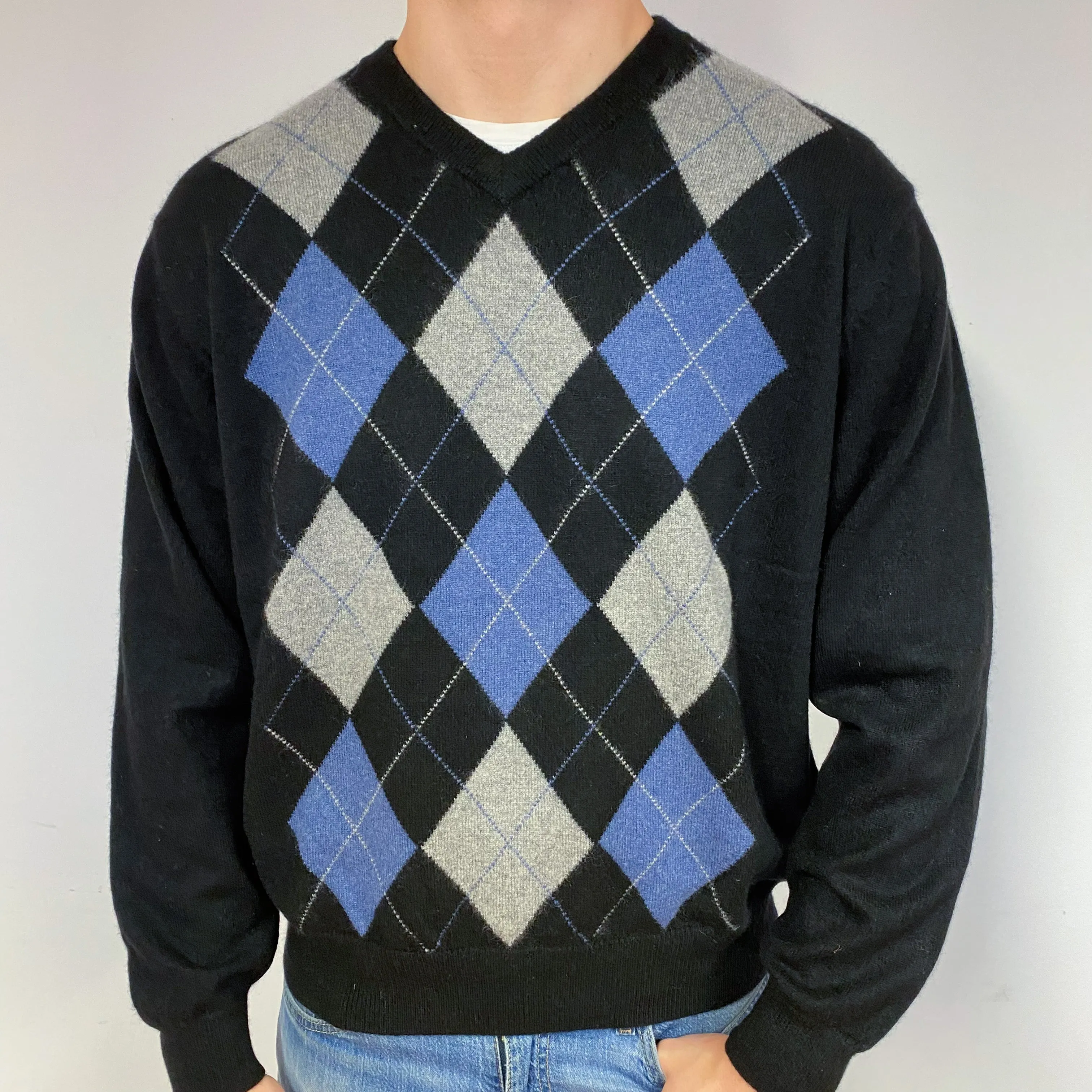 Men's Black Blue Argyle Cashmere V-Neck Jumper Extra Large