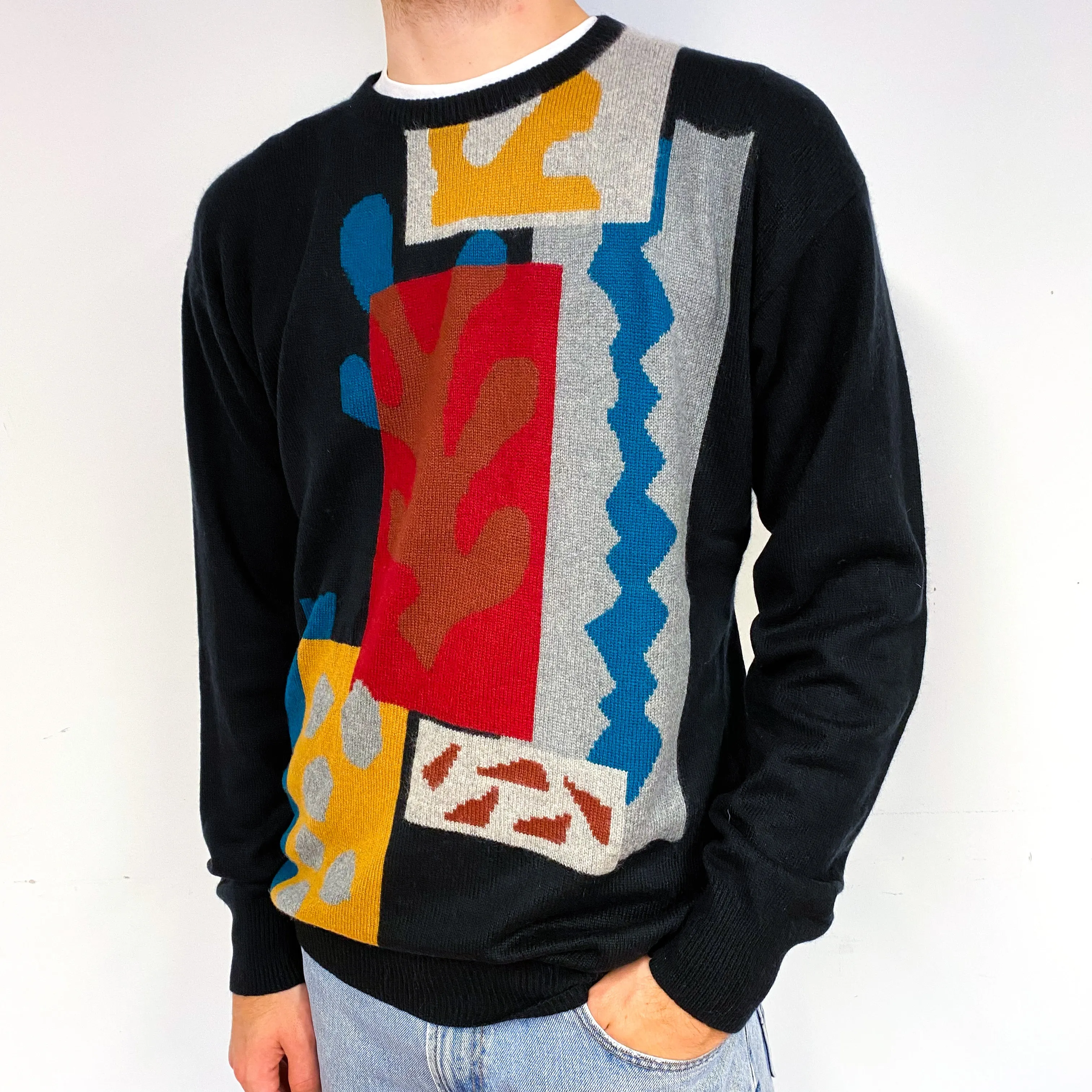 Men's Black Colourful Patterned Cashmere Crew Neck Jumper Large