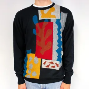 Men's Black Colourful Patterned Cashmere Crew Neck Jumper Large