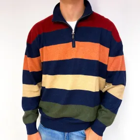 Men's Navy Colourful Stripe Cashmere 1/4 Zip Jumper Extra Extra Large