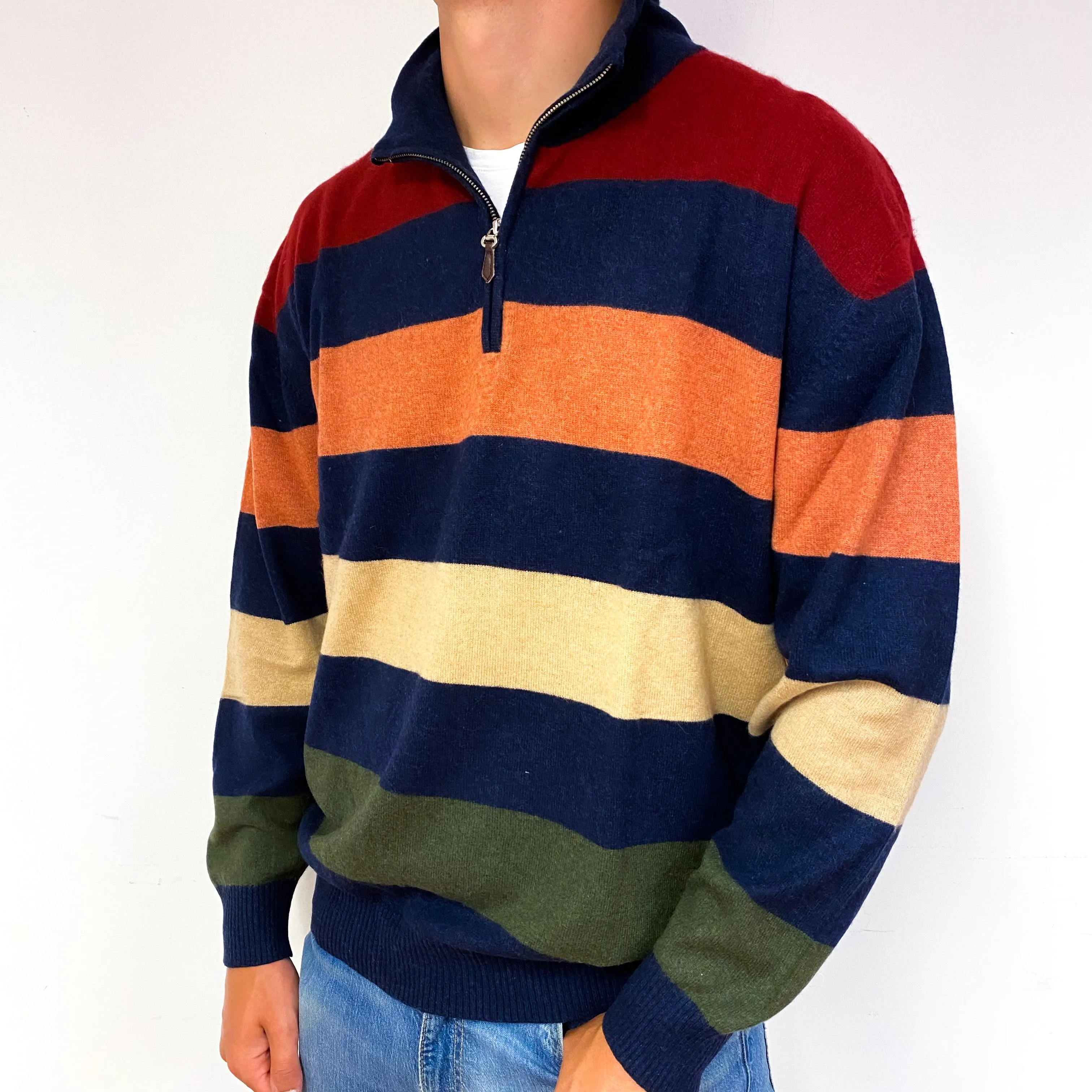 Men's Navy Colourful Stripe Cashmere 1/4 Zip Jumper Extra Extra Large