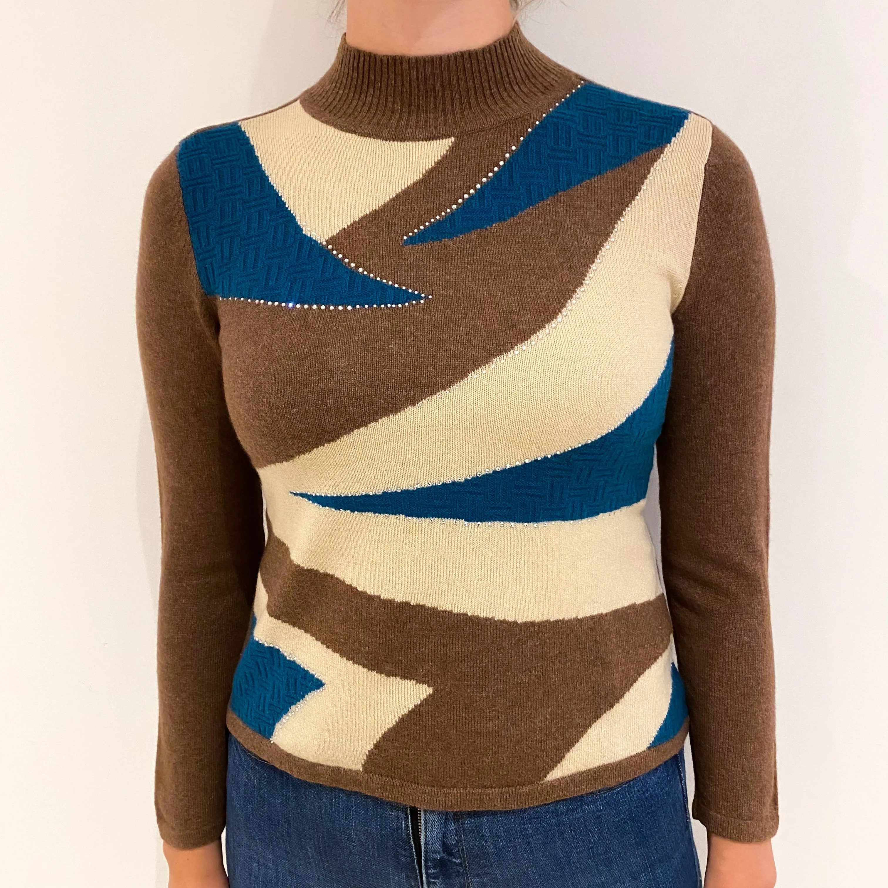 Mocha Teal and Cream Cashmere Turtle Neck Jumper Small
