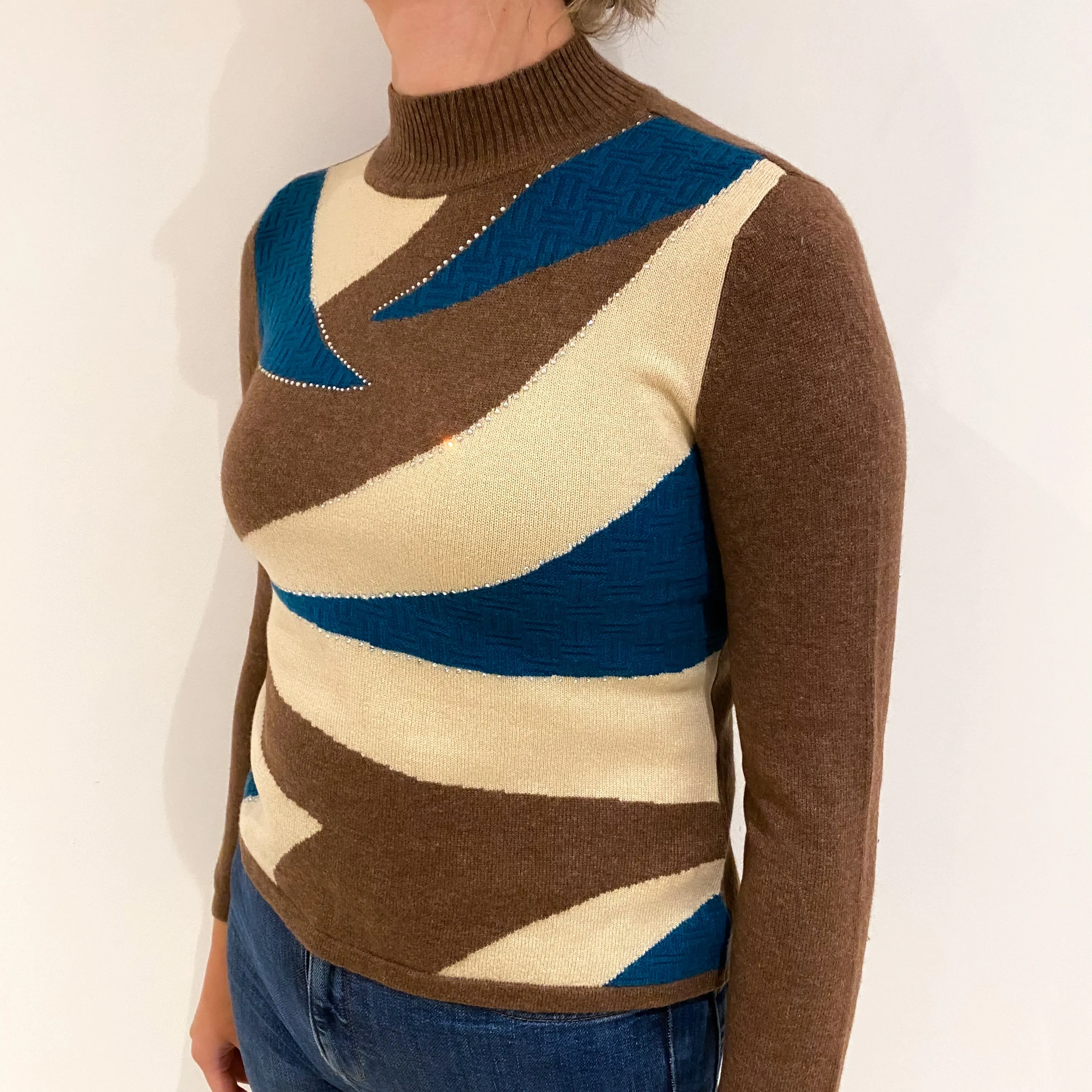 Mocha Teal and Cream Cashmere Turtle Neck Jumper Small