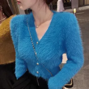 Mohair Strickjacke V Neck Crop Weiß Pullover Retro Casual Faul Oversize Sueters Pullover Für Frauen Feste Pelz Kleidung Jacke