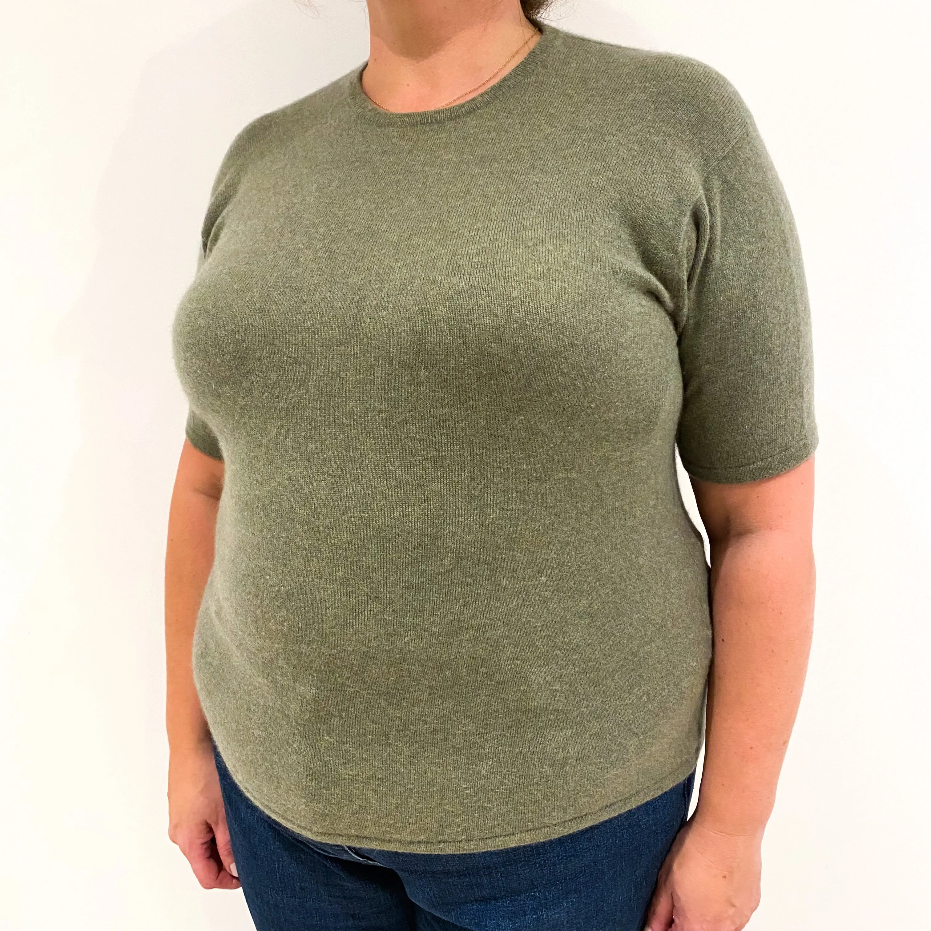 Moss Green Short Sleeved Cashmere Hooded Jumper Extra Large