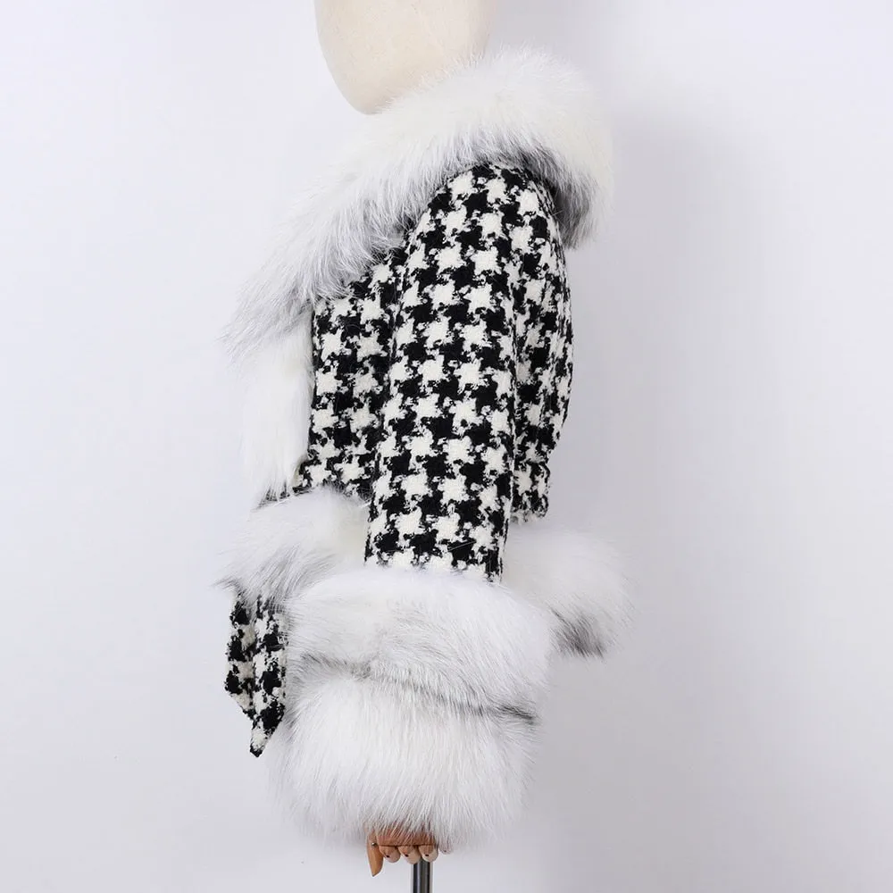 Natural Fox Fur Collar Sleeves Wool Jacket With Belt