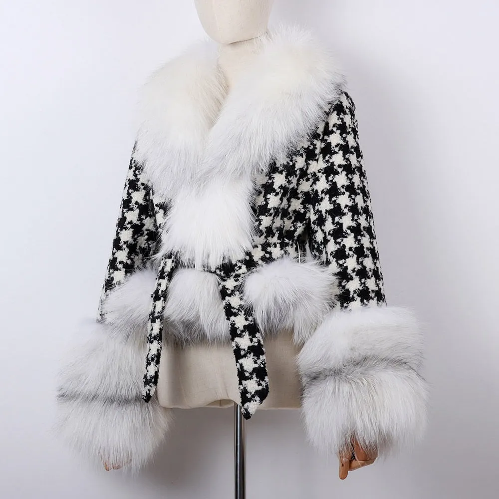 Natural Fox Fur Collar Sleeves Wool Jacket With Belt