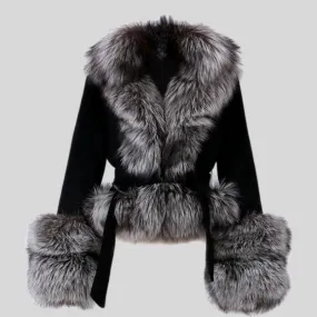 Natural Fox Fur Collar Sleeves Wool Jacket With Belt