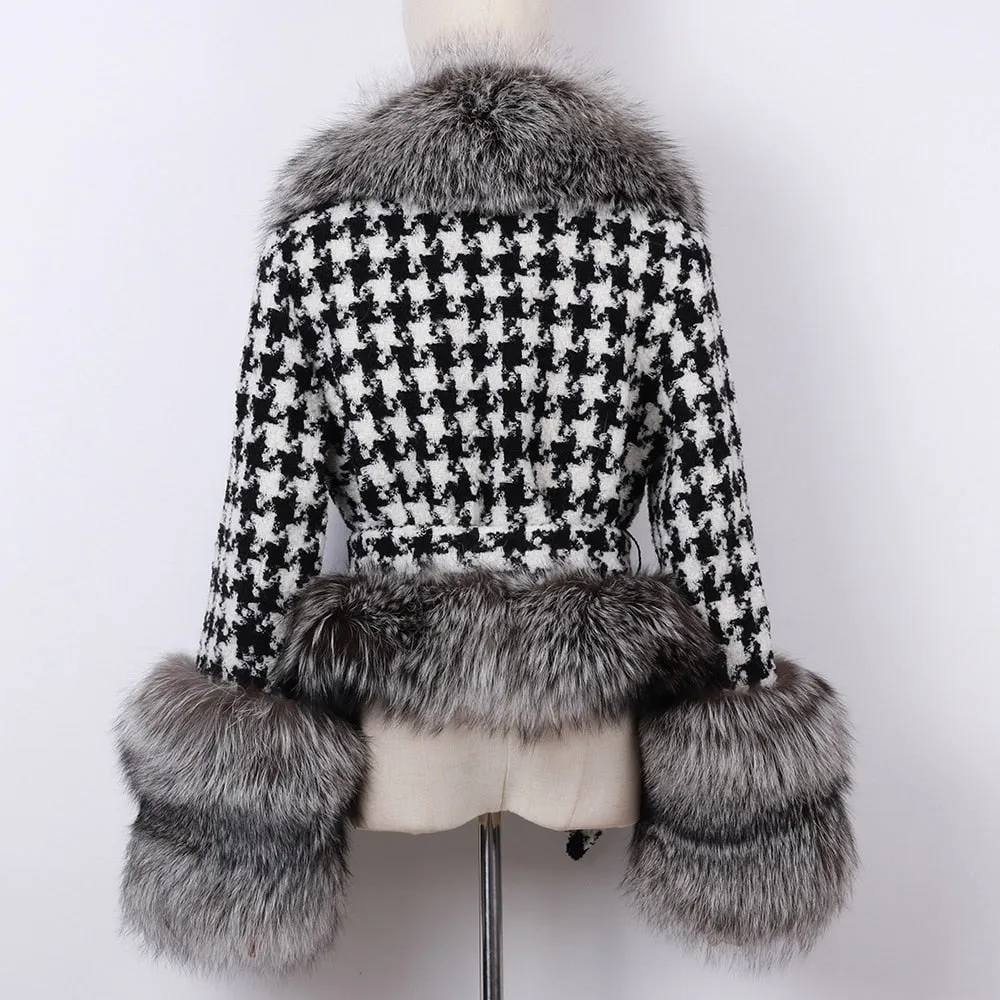 Natural Fox Fur Collar Sleeves Wool Jacket With Belt