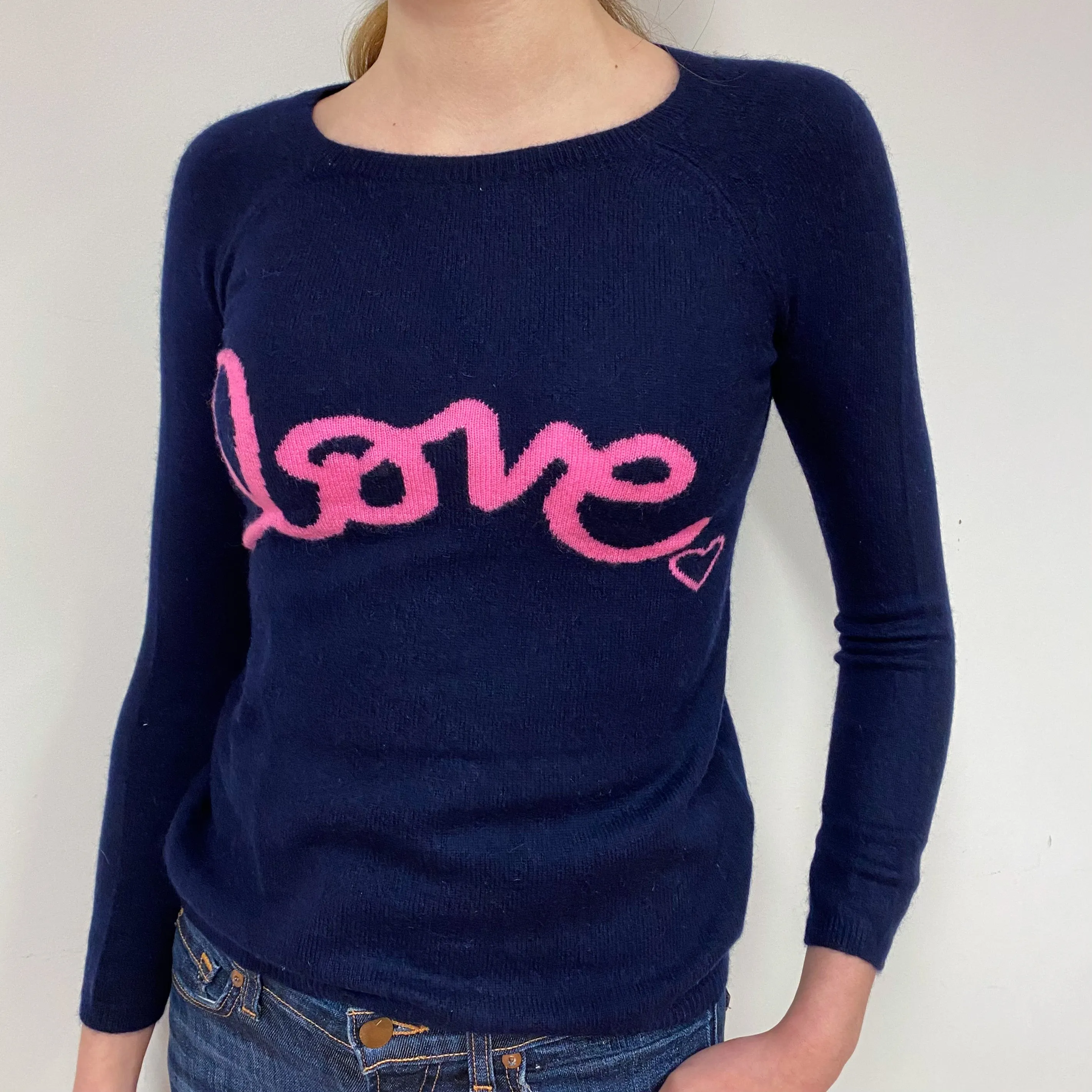 Navy Pink Love Cashmere Crew Neck Jumper Extra Small