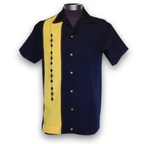 Nifty50's Havana One Panel Diamond Design Men's Retro Bowling Shirt Black/Yellow