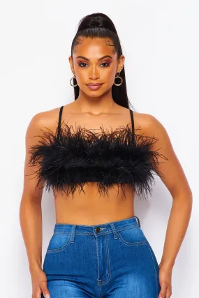 Noor Feather Bandeau Bra Crop Top - Black