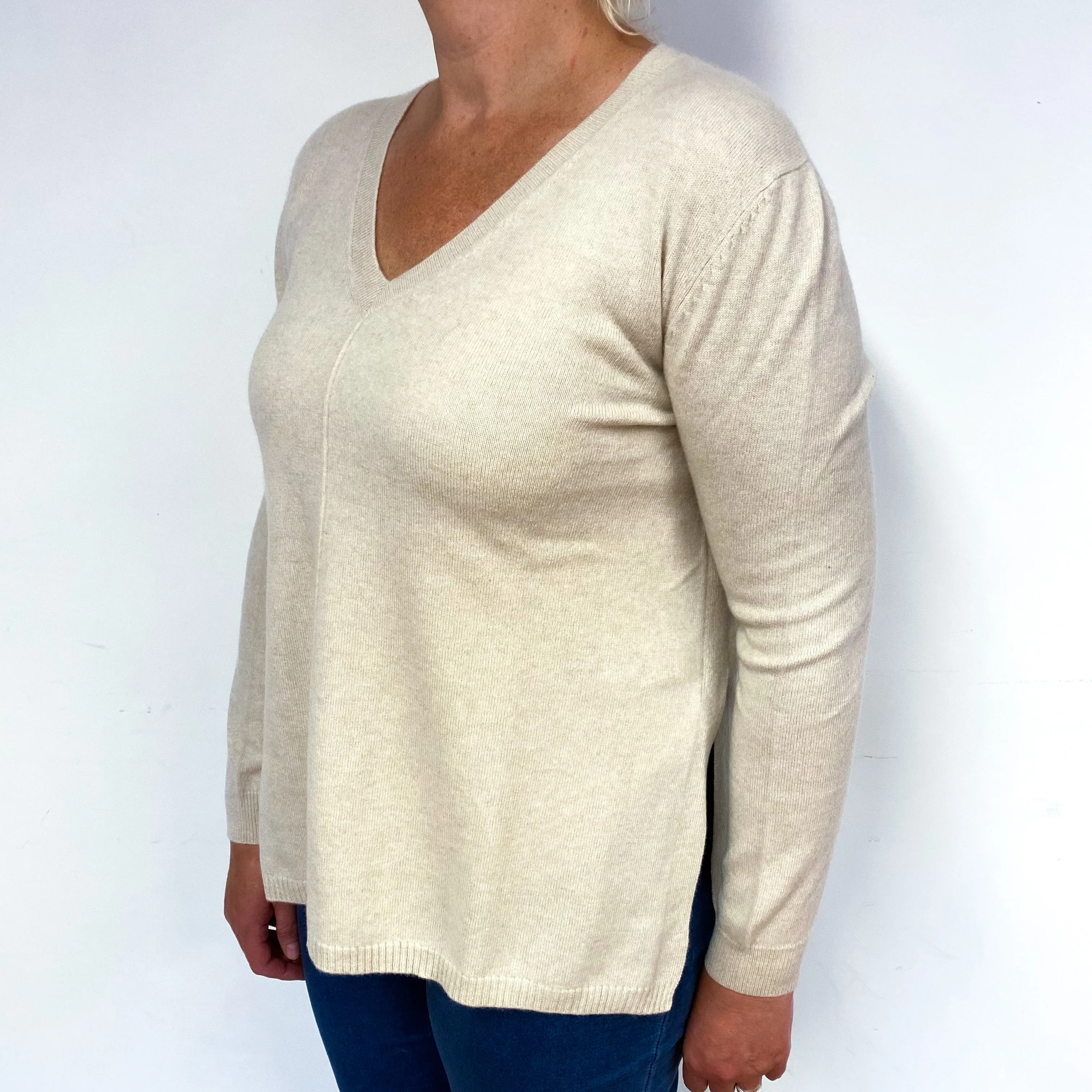 Oatmeal Cream Slouchy Cashmere V-Neck Jumper Large