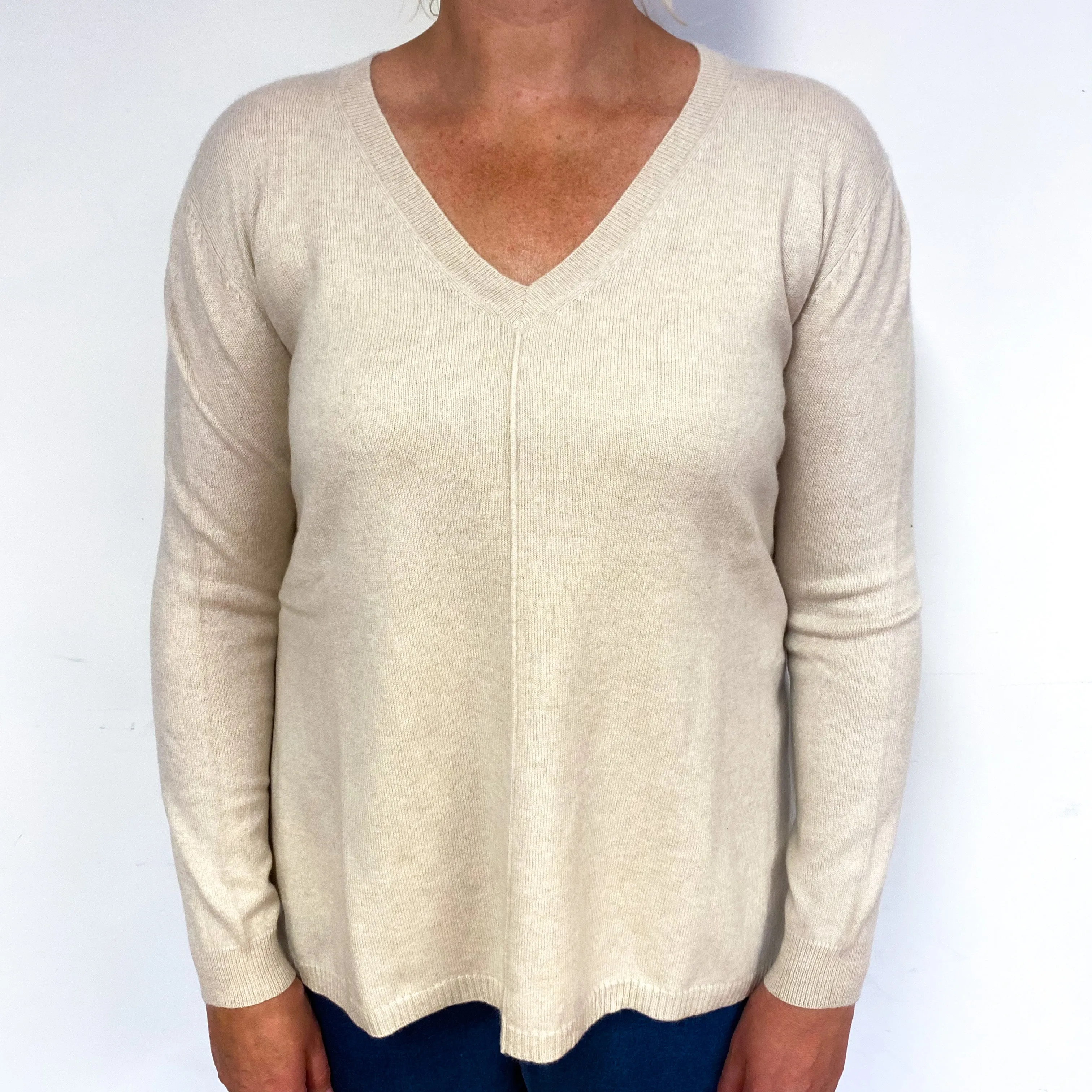 Oatmeal Cream Slouchy Cashmere V-Neck Jumper Large