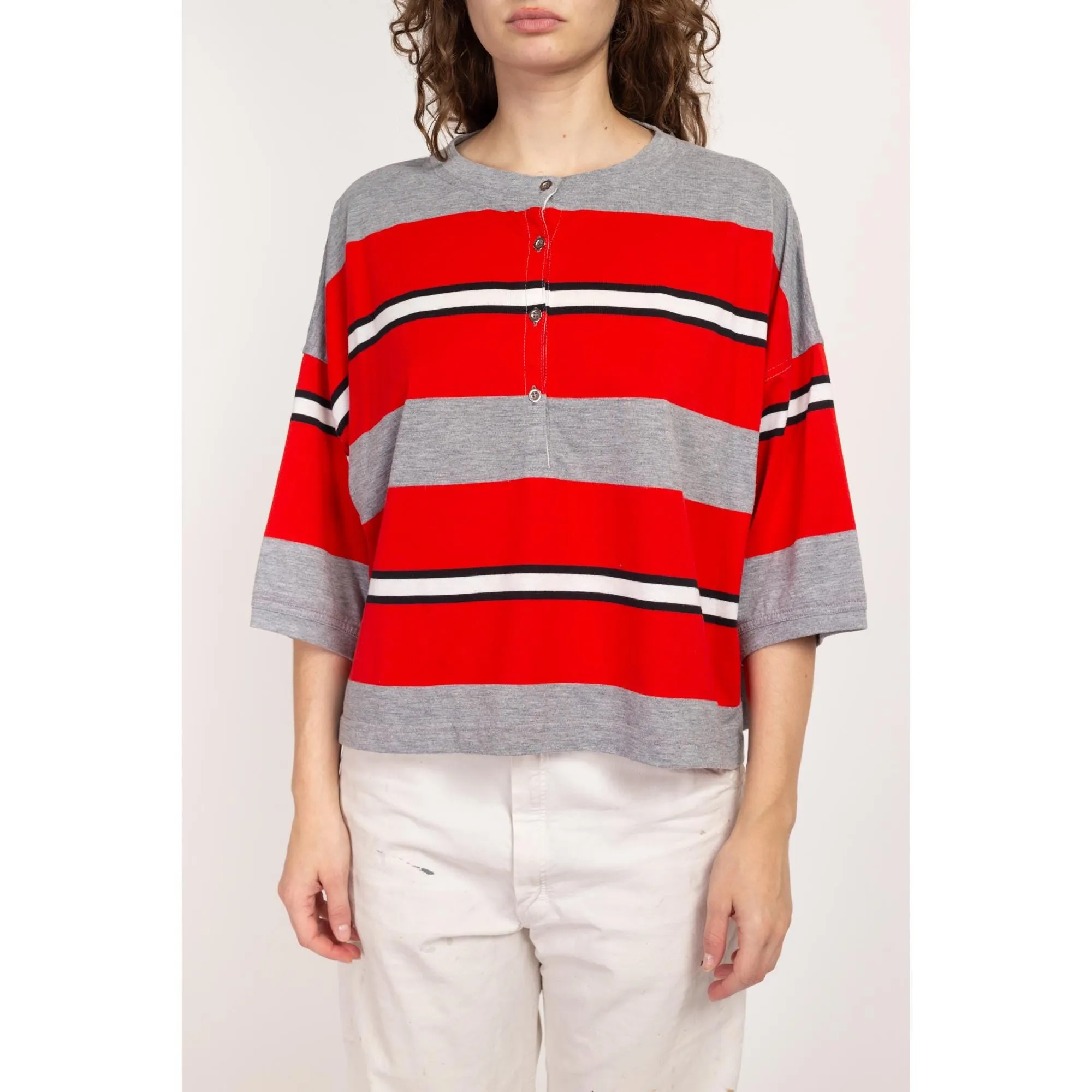 One Size 80s Esprit Red Striped Cropped Boxy Tee