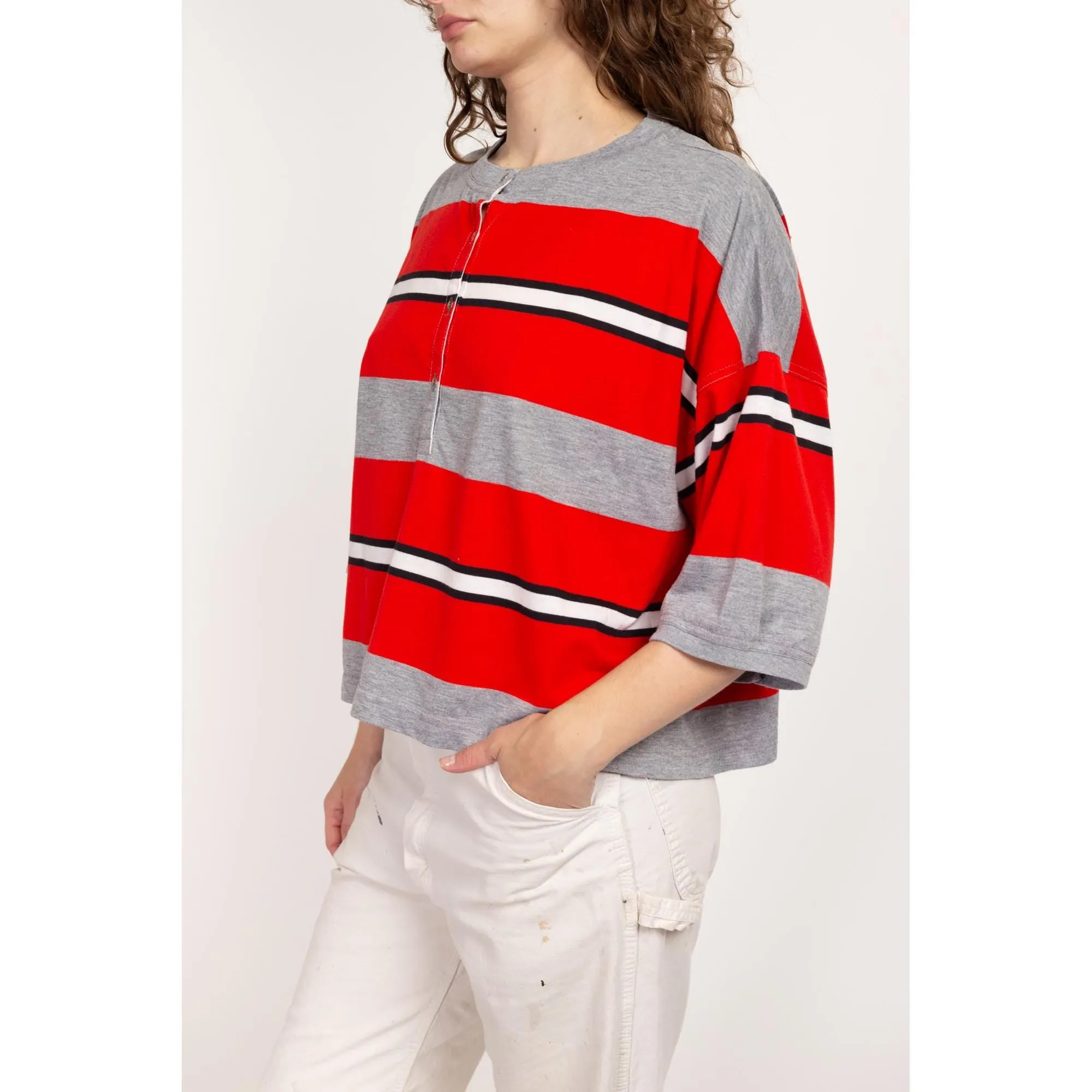 One Size 80s Esprit Red Striped Cropped Boxy Tee