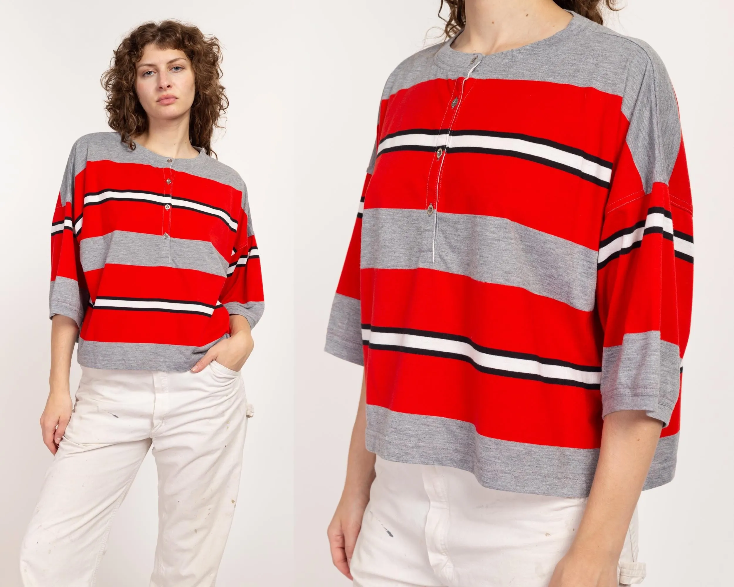 One Size 80s Esprit Red Striped Cropped Boxy Tee