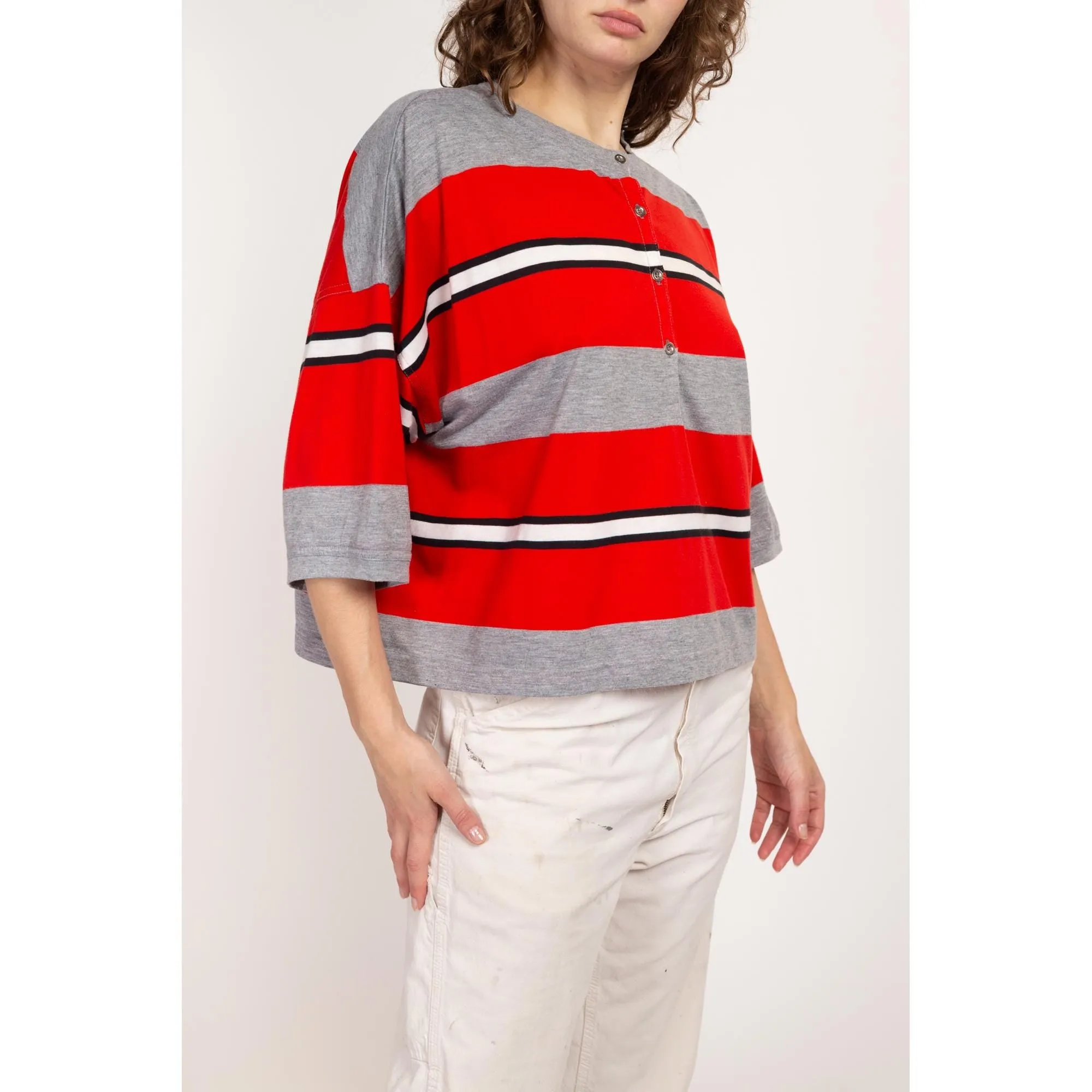 One Size 80s Esprit Red Striped Cropped Boxy Tee