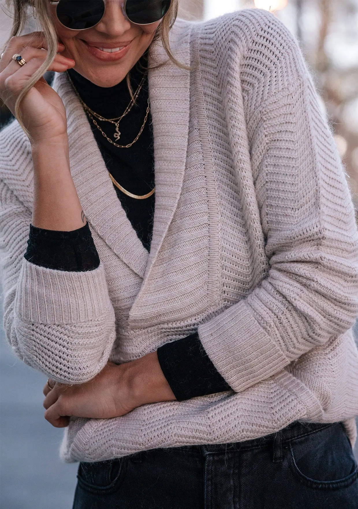 Petal Textured Knit Shawl Collar Sweater