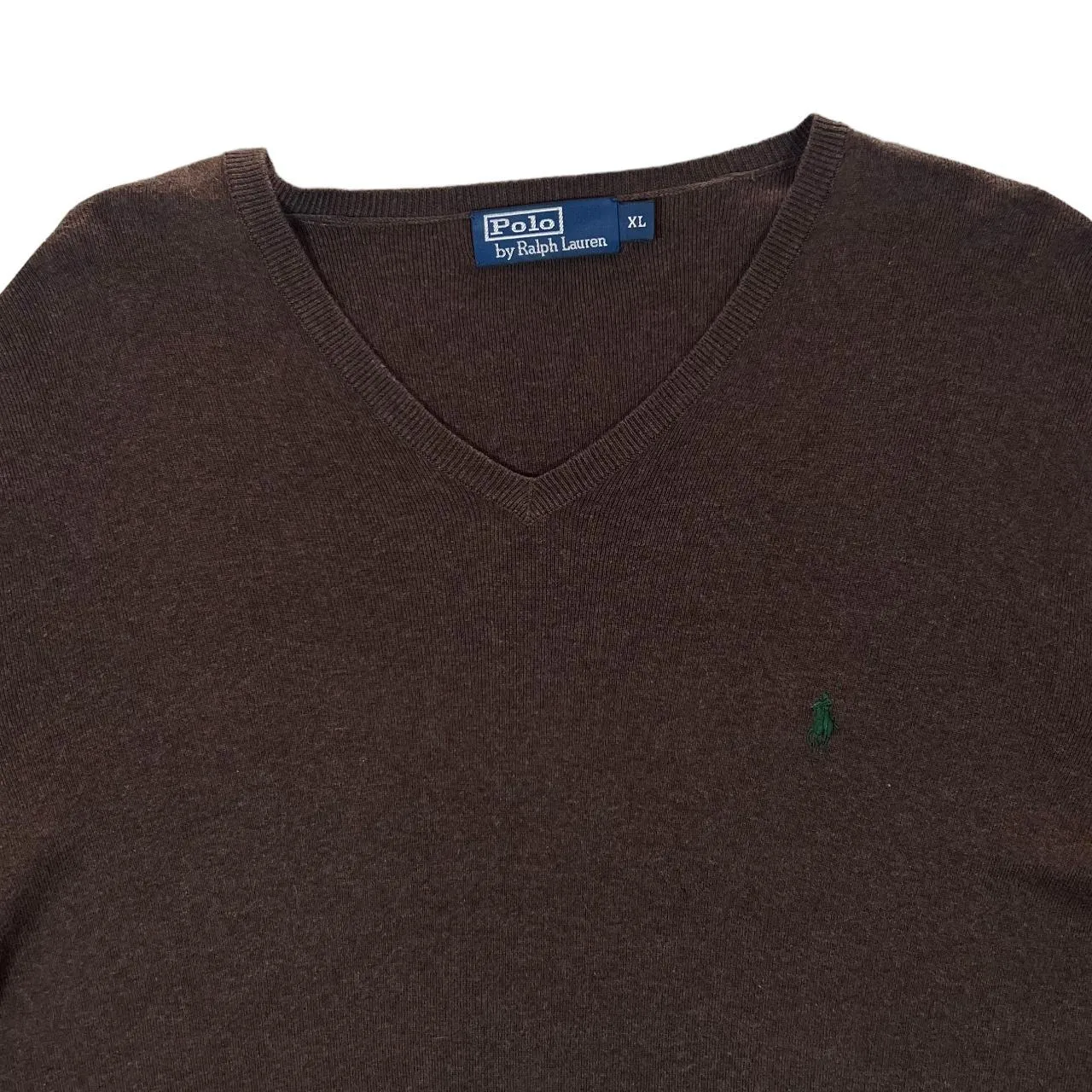 POLO RALPH LAUREN Pima Cotton Embroidered Mini Logo V-Neck Brown Knit Sweater Jumper